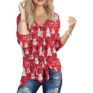 imageIWOLLENCE Womens Waffle Knit Tunic Blouse Tie Knot Henley Tops Loose Fitting Bat Wing Plain ShirtsZ03red Snowman Tree