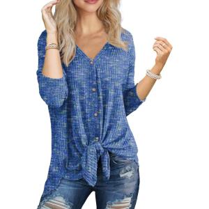 imageIWOLLENCE Womens Waffle Knit Tunic Blouse Tie Knot Henley Tops Loose Fitting Bat Wing Plain ShirtsZpastel Blue