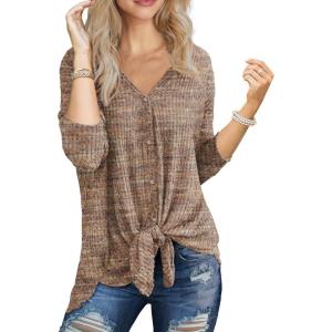 imageIWOLLENCE Womens Waffle Knit Tunic Blouse Tie Knot Henley Tops Loose Fitting Bat Wing Plain ShirtsZpastel Khaki