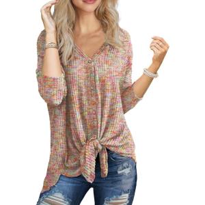 imageIWOLLENCE Womens Waffle Knit Tunic Blouse Tie Knot Henley Tops Loose Fitting Bat Wing Plain ShirtsZrainbow