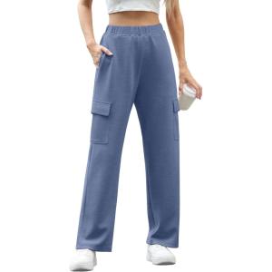imageIWOLLENCE Womens Cargo Sweatpants Baggy Wide Straight Leg Sweats Pants with PocketsE02 Haze Blue