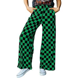 imageIWOLLENCE Womens Casual Loose Checkered Wide Leg Pants High Waist Straight Lounge Y2K Gingham TrousersCdblack Green