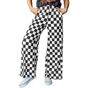 imageIWOLLENCE Womens Casual Loose Checkered Wide Leg Pants High Waist Straight Lounge Y2K Gingham TrousersCdblack White