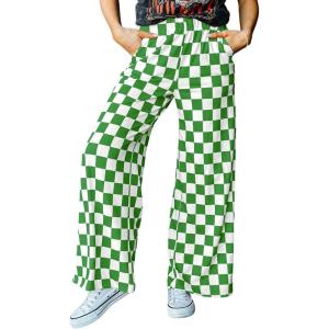 imageIWOLLENCE Womens Casual Loose Checkered Wide Leg Pants High Waist Straight Lounge Y2K Gingham TrousersCdgreen White