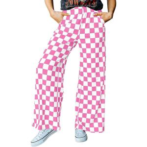 imageIWOLLENCE Womens Casual Loose Checkered Wide Leg Pants High Waist Straight Lounge Y2K Gingham TrousersCdpink White