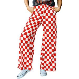 imageIWOLLENCE Womens Casual Loose Checkered Wide Leg Pants High Waist Straight Lounge Y2K Gingham TrousersCdred White