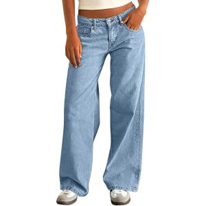 imageIWOLLENCE Womens Baggy Jeans Low Rise Straight Wide Leg Cowboy Pants Boyfriend Distressed Denim Jean Pant with PocketsCdark Blue