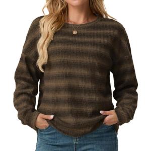 imageIWOLLENCE Womens Lightweight Waffle Knit Striped Long Sleeve Tops Crewneck Preppy Shirts Casual Loose Fall SweatersAgrey Coffee