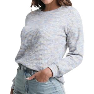 imageIWOLLENCE Womens Lightweight Waffle Knit Striped Long Sleeve Tops Crewneck Preppy Shirts Casual Loose Fall SweatersBsatin Mist Blue