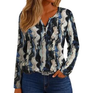 imageIWOLLENCE Womens Long Sleeve Aztec Western T Shirts Vintage Geometry Graphic Henley Tops Casual Button Down BlouseFpblack Khaki Ink