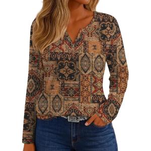 imageIWOLLENCE Womens Long Sleeve Aztec Western T Shirts Vintage Geometry Graphic Henley Tops Casual Button Down BlouseFpbrown Geometry