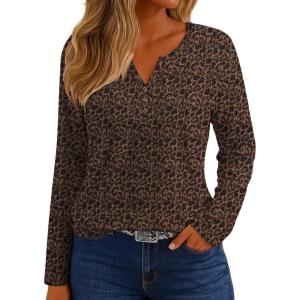 imageIWOLLENCE Womens Long Sleeve Aztec Western T Shirts Vintage Geometry Graphic Henley Tops Casual Button Down BlouseLdkhaki Cheetah