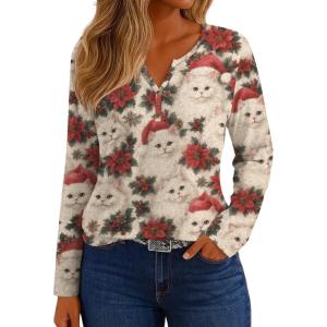 imageIWOLLENCE Womens Long Sleeve Aztec Western T Shirts Vintage Geometry Graphic Henley Tops Casual Button Down BlouseSdbeige Xmas Cat