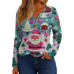imageIWOLLENCE Womens Long Sleeve Aztec Western T Shirts Vintage Geometry Graphic Henley Tops Casual Button Down BlouseSdpink Santa Claus