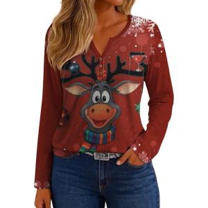 imageIWOLLENCE Womens Long Sleeve Aztec Western T Shirts Vintage Geometry Graphic Henley Tops Casual Button Down BlouseSdred Elk