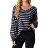 imageIWOLLENCE Womens Long Sleeve Shirts Oversized V Neck Tunic Tops for Women Waffle Knitted Pullover Sweater Top23black Purple Stripe
