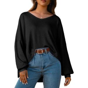 imageIWOLLENCE Womens Long Sleeve Shirts Oversized V Neck Tunic Tops for Women Waffle Knitted Pullover Sweater Top01black
