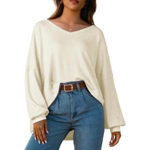 imageIWOLLENCE Womens Long Sleeve Shirts Oversized V Neck Tunic Tops for Women Waffle Knitted Pullover Sweater Top02beige