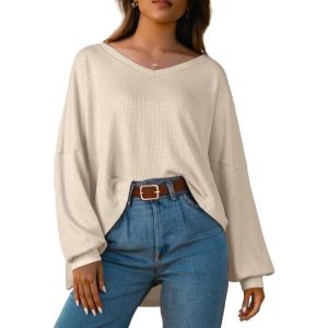 imageIWOLLENCE Womens Long Sleeve Shirts Oversized V Neck Tunic Tops for Women Waffle Knitted Pullover Sweater Top04oatmeal