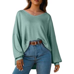 imageIWOLLENCE Womens Long Sleeve Shirts Oversized V Neck Tunic Tops for Women Waffle Knitted Pullover Sweater Top06blue Green