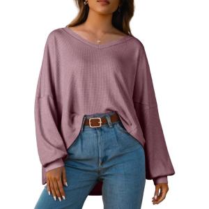 imageIWOLLENCE Womens Long Sleeve Shirts Oversized V Neck Tunic Tops for Women Waffle Knitted Pullover Sweater Top08rust Red