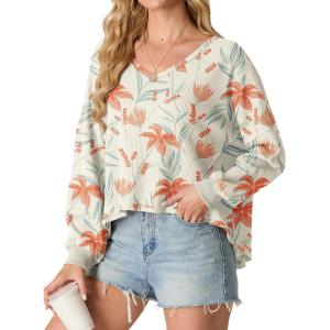 imageIWOLLENCE Womens Long Sleeve Shirts Oversized V Neck Tunic Tops for Women Waffle Knitted Pullover Sweater Top33beige Scarlet