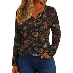 imageIWOLLENCE Womens Long Sleeve Aztec Western T Shirts Vintage Geometry Graphic Henley Tops Casual Button Down BlouseFlbrown Flower