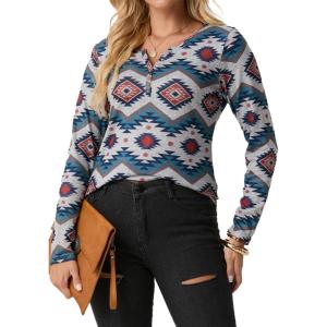 imageIWOLLENCE Womens Long Sleeve Aztec Western T Shirts Vintage Geometry Graphic Henley Tops Casual Button Down BlouseFpwhite Geometry