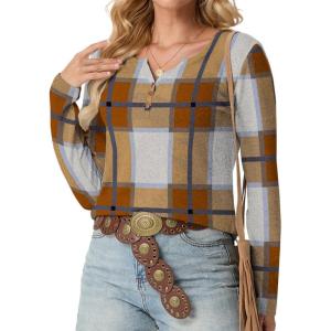 imageIWOLLENCE Womens Long Sleeve Aztec Western T Shirts Vintage Geometry Graphic Henley Tops Casual Button Down BlousePlbrown White Plaid