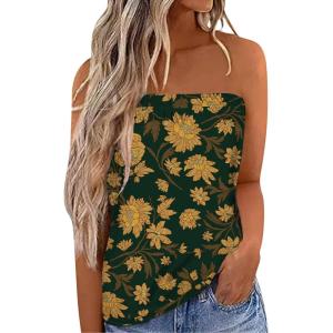 imageIWOLLENCE Womens Floral Tube Tops Casual Summer Backless Strapless Top Sleeveless Bandeau Tanks ShirtFp Green Gold Flower