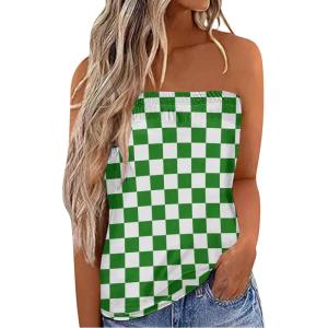 imageIWOLLENCE Womens Floral Tube Tops Casual Summer Backless Strapless Top Sleeveless Bandeau Tanks ShirtFp Green White Checkered
