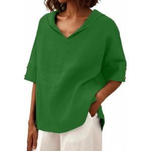 image:imageIWOLLENCE Collared Shirts for Women Half Sleeve V Neck Blouse Loose Fit Pullover Summer TopsDark Green