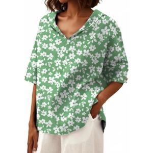 image:imageIWOLLENCE Collared Shirts for Women Half Sleeve V Neck Blouse Loose Fit Pullover Summer TopsFloral Green