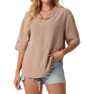 image:imageIWOLLENCE Collared Shirts for Women Half Sleeve V Neck Blouse Loose Fit Pullover Summer TopsKhaki
