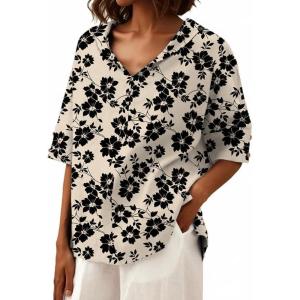 image:imageIWOLLENCE Collared Shirts for Women Half Sleeve V Neck Blouse Loose Fit Pullover Summer TopsKhaki Black Flower