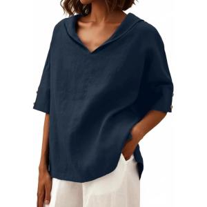 image:imageIWOLLENCE Collared Shirts for Women Half Sleeve V Neck Blouse Loose Fit Pullover Summer TopsNavy Blue