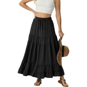 image:imageIWOLLENCE Womens Flowy Boho Elastic High Waist Maxi Skirt Floral ALine Tiered Long Skirts for Women with Pockets01 Black