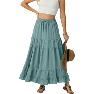 image:imageIWOLLENCE Womens Flowy Boho Elastic High Waist Maxi Skirt Floral ALine Tiered Long Skirts for Women with Pockets02 Aqua Sea
