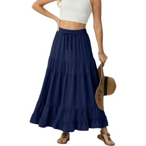 image:imageIWOLLENCE Womens Flowy Boho Elastic High Waist Maxi Skirt Floral ALine Tiered Long Skirts for Women with Pockets03 Navy Blue