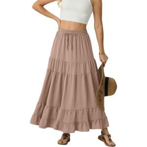 image:imageIWOLLENCE Womens Flowy Boho Elastic High Waist Maxi Skirt Floral ALine Tiered Long Skirts for Women with Pockets04 Light Khaki