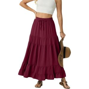 image:imageIWOLLENCE Womens Flowy Boho Elastic High Waist Maxi Skirt Floral ALine Tiered Long Skirts for Women with Pockets05 Wine Red