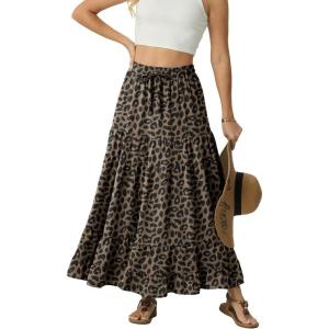 image:imageIWOLLENCE Womens Flowy Boho Elastic High Waist Maxi Skirt Floral ALine Tiered Long Skirts for Women with Pockets50 Ld Dark Khaki