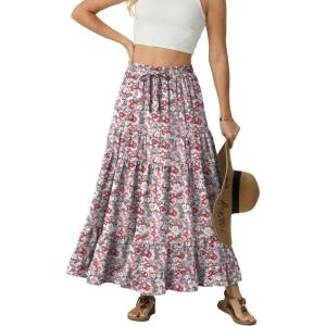 image:imageIWOLLENCE Womens Flowy Boho Elastic High Waist Maxi Skirt Floral ALine Tiered Long Skirts for Women with Pockets52 Gray Ishitake