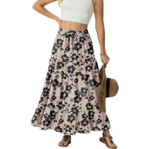 image:imageIWOLLENCE Womens Flowy Boho Elastic High Waist Maxi Skirt Floral ALine Tiered Long Skirts for Women with Pockets53 Khaki Black Flower