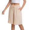 image:imageIWOLLENCE Bermuda Shorts for Women Knee Length Elastic High Waisted Shorts Summer Casual Wide Leg Baggy ShortsLight Khaki