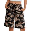 image:imageIWOLLENCE Bermuda Shorts for Women Knee Length Elastic High Waisted Shorts Summer Casual Wide Leg Baggy ShortsBlack Palm Leaf