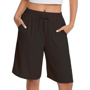 image:imageIWOLLENCE Bermuda Shorts for Women Knee Length Elastic High Waisted Shorts Summer Casual Wide Leg Baggy ShortsBlack
