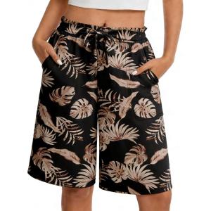 image:imageIWOLLENCE Bermuda Shorts for Women Knee Length Elastic High Waisted Shorts Summer Casual Wide Leg Baggy ShortsBlack Palm Leaf