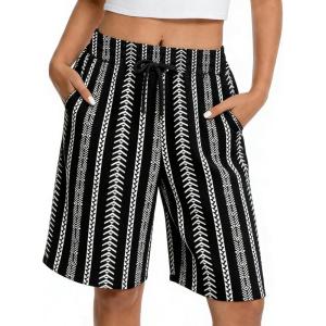 image:imageIWOLLENCE Bermuda Shorts for Women Knee Length Elastic High Waisted Shorts Summer Casual Wide Leg Baggy ShortsBohemian Stripe
