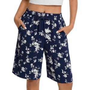 image:imageIWOLLENCE Bermuda Shorts for Women Knee Length Elastic High Waisted Shorts Summer Casual Wide Leg Baggy ShortsFloral Navy